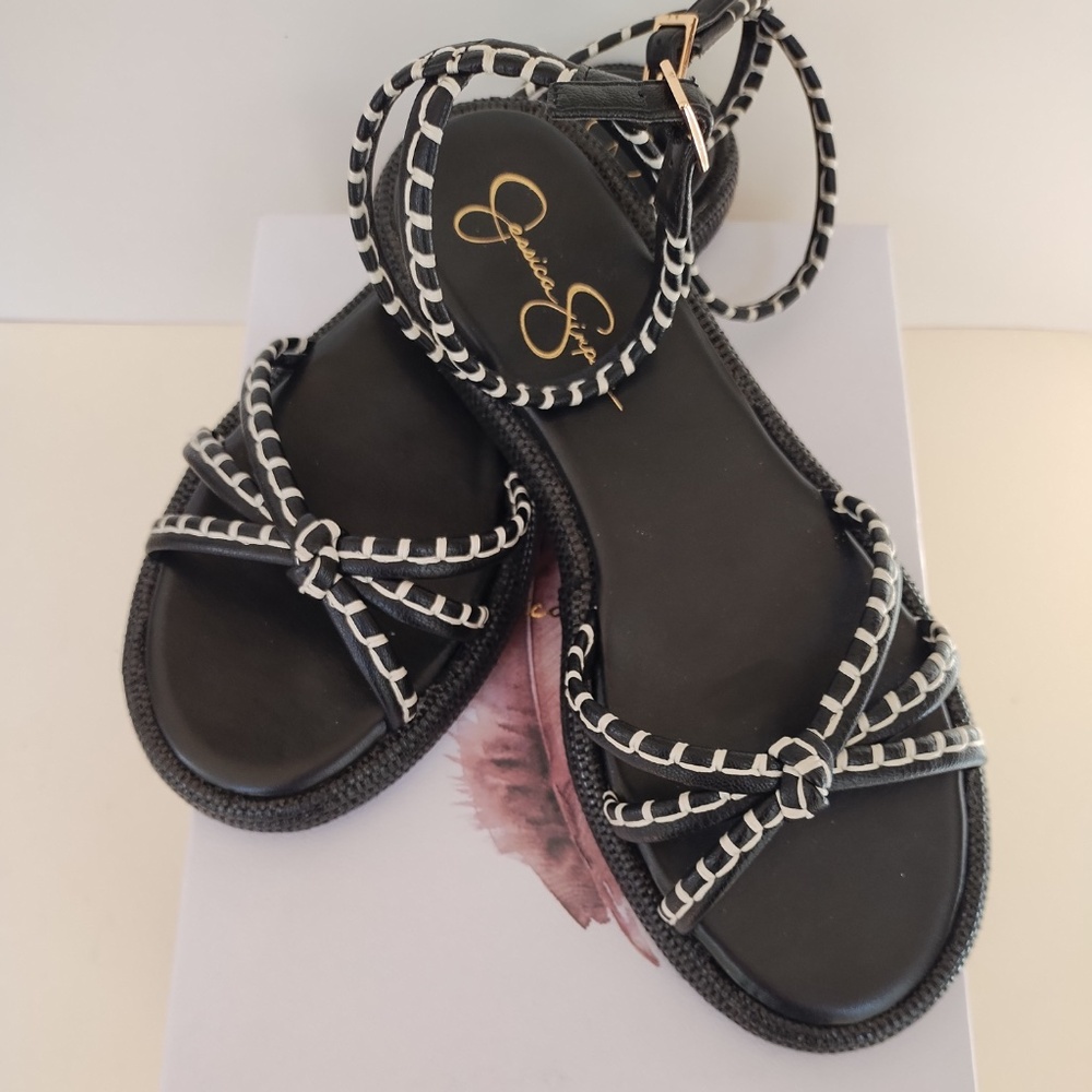 NEW Jessica Simpson Sandals JP-EMELON  Black & White Flat Ankle Straps